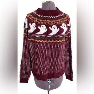 Fair Isle Halloween Colorful Knit Ghost Sweater Size L Preppy Autumn Fall Soft